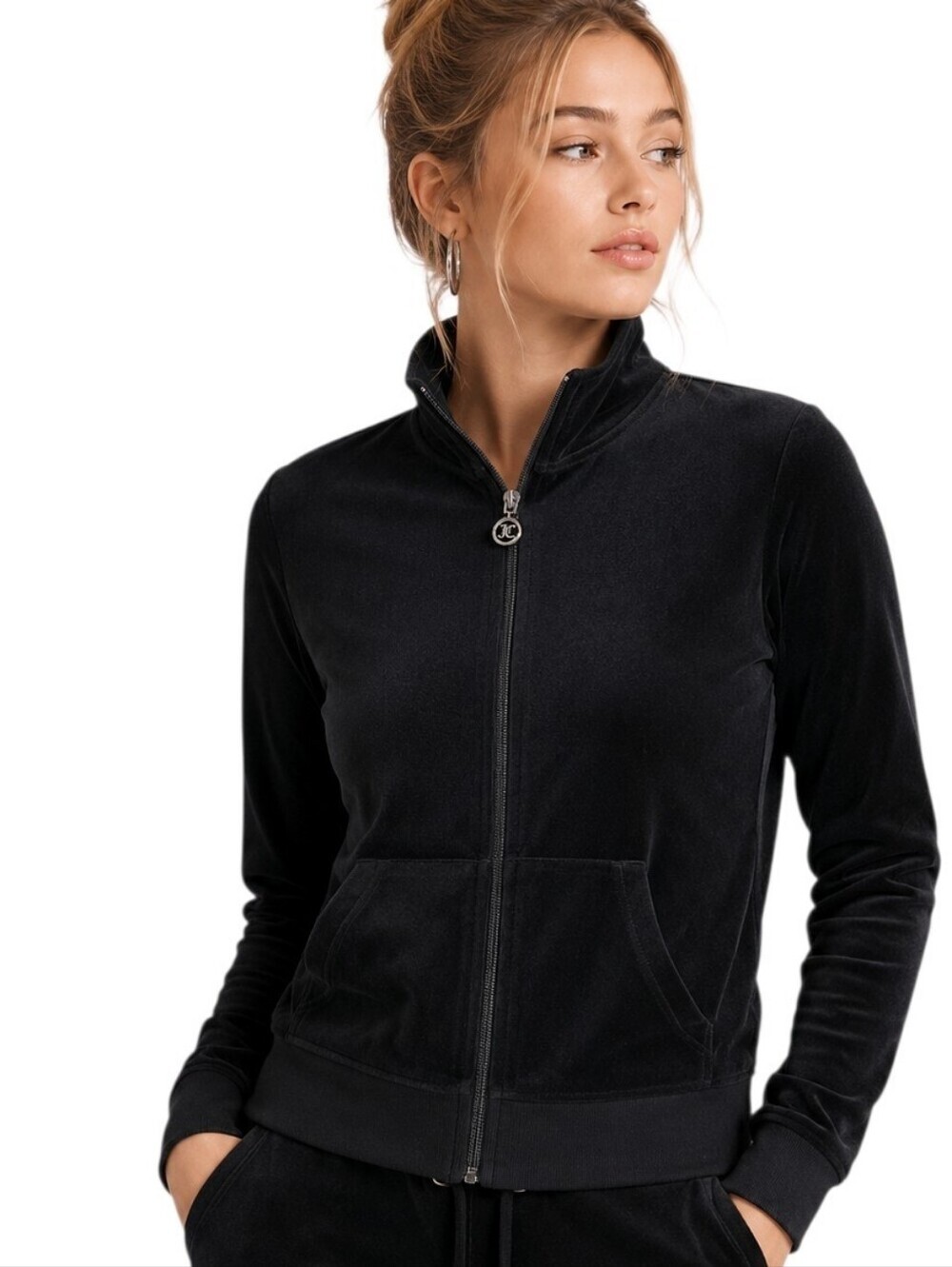 Juicy Couture Velour Jacket Women Medium Black Y2K Vintage Zip Front